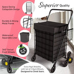 Our Modern Space Stairs Climbing Shopping Cart w/Waterproof Basket Liner & 360° Swivel Wheels | Foldable Collapsible & Lightweight | Perfect for Groceries Laundry Utility Cart - Black