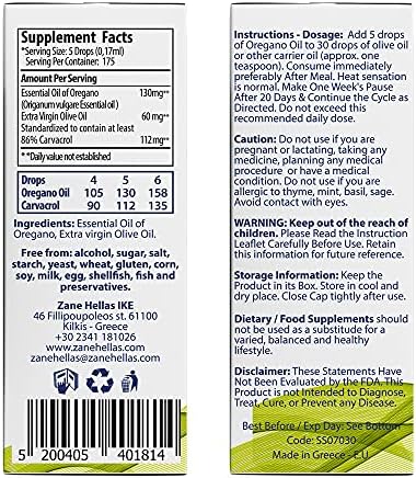 Zane Hellas 70% Oregano Oil. Greek Essential Oil of Oregano .86% Min Carvacrol. 112 mg Carvacrol Per Serving. Probably The Best Oregano Oil in The World. 1 fl. oz.- 30ml