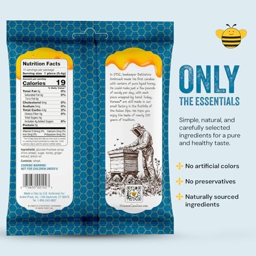 Honees Honey & Ginger Hard Candy Individually Wrapped | Natural & Healthy Candy, Italian Made with Real Honey & Indonesian Ginger, 3 Pack (8.55 oz)