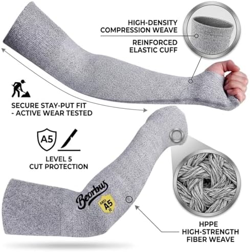 Cut Resistant Arm Sleeves for Men & Women, ANSI A5 Arm Protectors with Thumb Hole for Thin Skin and Bruising, UV50+