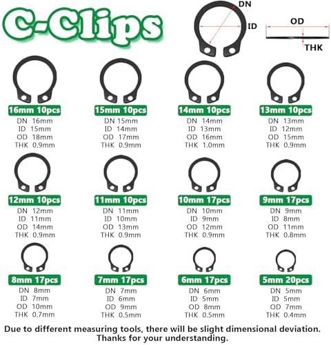 330PCS Snap Rings Assortment Kit, E Clips Assortment Kit (2MM-12MM) and C Clips Assortment Kit (5MM-16MM), 24 Sizes External Retaining Rings Carbon Steel Circlip Snap Ring Kit