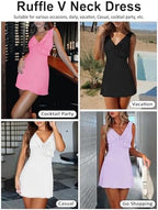 Women's Sexy V Neck Sleeveless Backless Ruffles Dress for Women Elegant Mesh Party Fitted Cocktail Mini Dresses