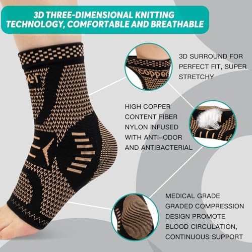 INDEEMAX Ankle Brace for Women & Men, Ankle Compression Sleeve Support Copper Infused Ankle Brace for Sprained Ankle, Plantar Fasciitis Sports, Achilles Tendonitis Pain Relief, Copper Black, S