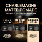 Charlemagne Matte Hair Pomade - 3.3 Fl Oz, Noble Leather Scent - Strong Hold Pomade for Men - Water-Based Hair Styling Cream