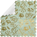 Sparkle and Bash Floral Napkins - 50-Pack, 5 x 5 in, Sage Green & Gold, 3-Ply - Scalloped Disposable Wedding Cocktail Napkins with Gold Foil - for Bridal Showers & Garden Parties
