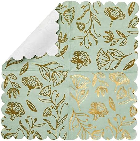 Sparkle and Bash Floral Napkins - 50-Pack, 5 x 5 in, Sage Green & Gold, 3-Ply - Scalloped Disposable Wedding Cocktail Napkins with Gold Foil - for Bridal Showers & Garden Parties