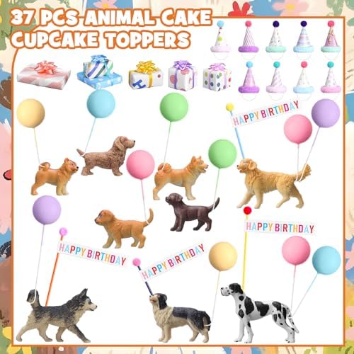 Weysat 37 Pcs Dog Birthday Party Decorations, Puppy Cake Cupcake Toppers with Mini Hats Miniature Flags Gift Boxes Balls Figure Models for Dog Puppy Themed Party Supplies for Adults