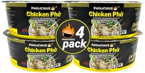 PhoLicious Instant Chicken Pho, Authentic Vietnamese Rice Noodle Soup Kit with Spices & Broth Mix, Ramen Noodles Alternative, Quick Microwave Meal - Pho Noodles Bowl - Chicken Flavor (4 Pack)