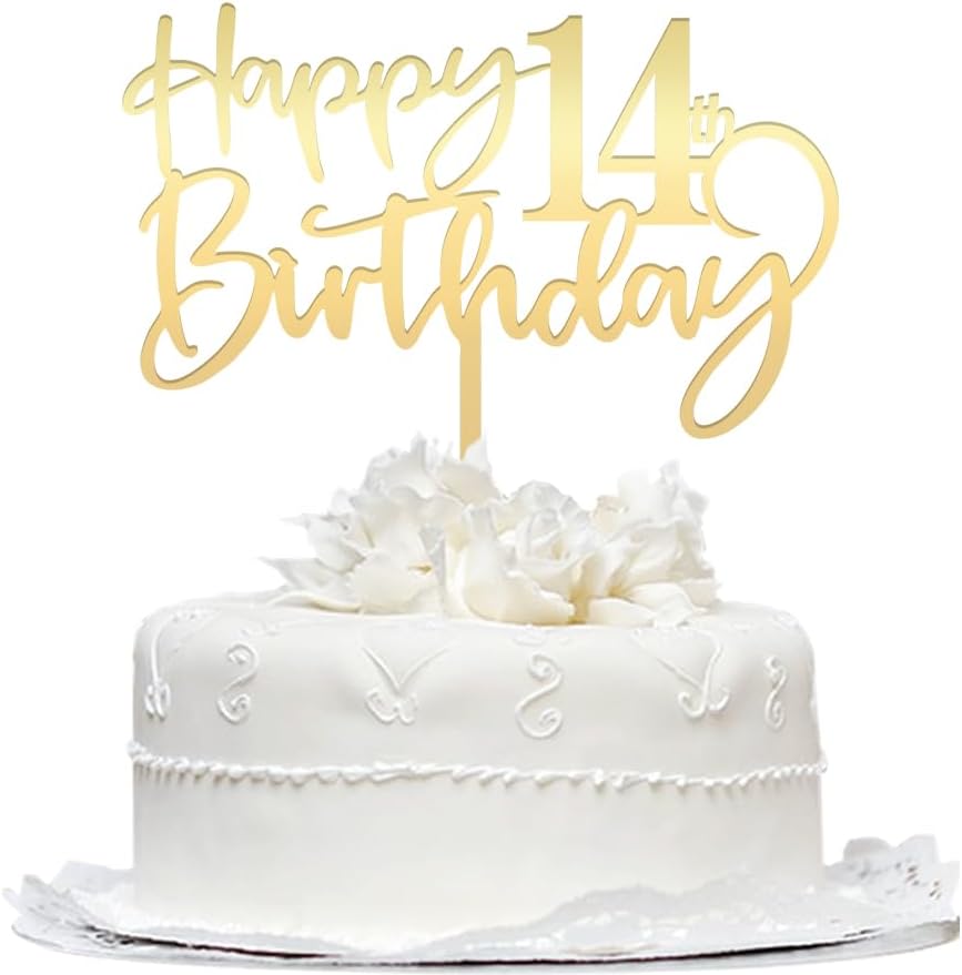 Happy 14 th birthday cake Topper,Mirrored Gold Acrylic Durable Cake Topper,14th Birthday Party Cake Decorations, Hello 14th years old, Happy fourteen years old, Birthday Party Decorations