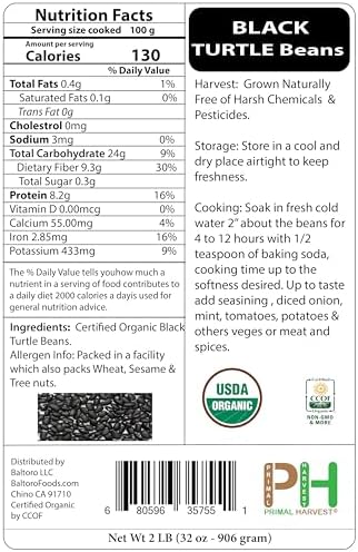 Organic Black Turtle Beans- Fiber & Protein rich, Raw, Non-GMO, Vegan Bulk-10LB