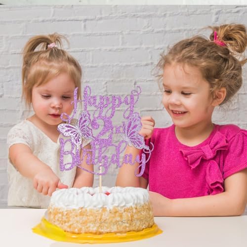 Kaoenla Butterfly Happy 2nd Birthday Cake Topper-Glitter 3D Butterfly theme 2nd/two Birthday baby baptism Cake Decor Supplies (2nd, Purple)