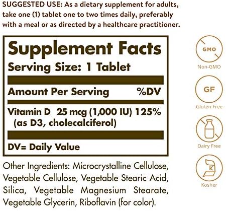 Solgar Vitamin D3 (Cholecalciferol) 25 mcg (1000 IU) – 180 Tablets - Helps Maintain Healthy Bones & Teeth - Immune System Support - Non-GMO, Gluten Free, Dairy Free, Kosher - 180 Servings