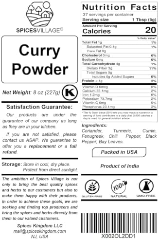SPICES VILLAGE Curry Powder, Curry Spice for Cooking, 8 oz, Natural Medium Madras Curry Mix, Kosher, Gluten Free, Non GMO, Salt Free, Resealable Bulk Bag