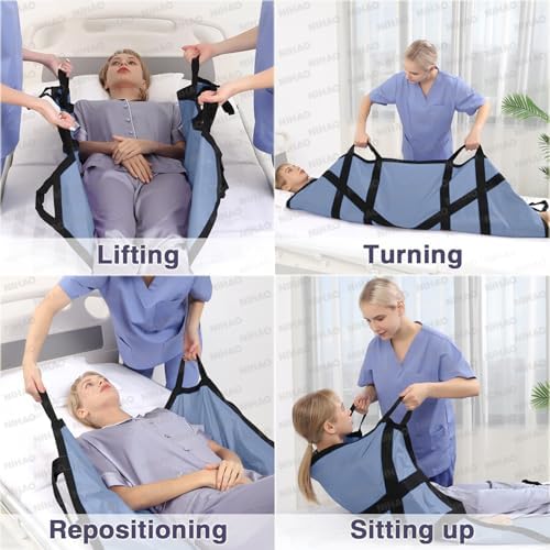 NIHAO Draw Sheet with Handles Positioning Bed Pad Washable 45" x 36" Multipurpose Patented Patient Transfer Sheet for Bedridden Lifting Turning Sliding, Blue Gray