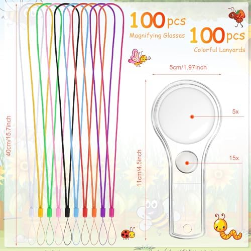 Kanayu 100 Pcs Mini Handheld Magnifying Glass for Kids 5X 15X Hand Lens Small Magnify Glasses Lens Plastic Magnifier with 100 Lanyard for Reading Home School Classroom Outdoor Science Observation