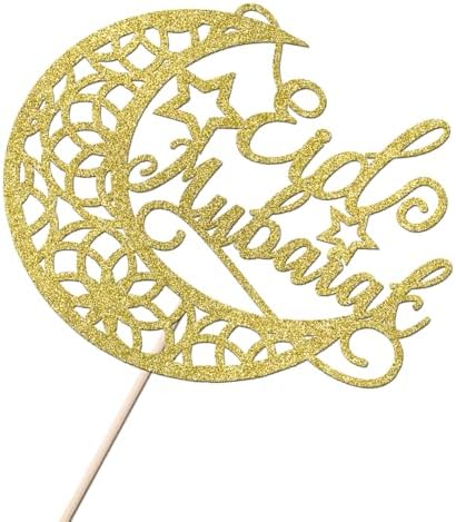 Eid Mubarak Cake Topper，Glitter Moon Star Ramadan Kareem,Umrah Mubarak Cake Topper,Happy Eid Islamic Muslim Party Cake Decorations