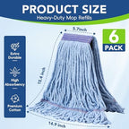 6 Pack Commercial Mop Head Replacement – Heavy Duty Mop Head for General and Floor Cleaning | Industrial Wet Mops | Washable Refill, Reusable, Looped End Mopheads | Hardwood, Concrete