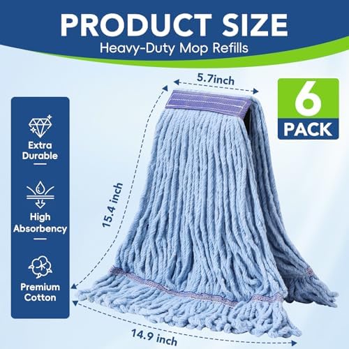 6 Pack Commercial Mop Head Replacement – Heavy Duty Mop Head for General and Floor Cleaning | Industrial Wet Mops | Washable Refill, Reusable, Looped End Mopheads | Hardwood, Concrete