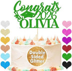 EDSG Personalized Graduation Cake Topper, Class of 2026 Double Sided Glitter Card Congrats Grad Cap Decorations for Graduation Party Supplies (Green)