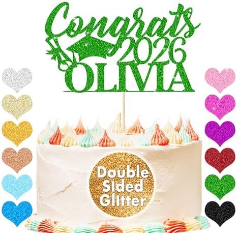 EDSG Personalized Graduation Cake Topper, Class of 2026 Double Sided Glitter Card Congrats Grad Cap Decorations for Graduation Party Supplies (Green)