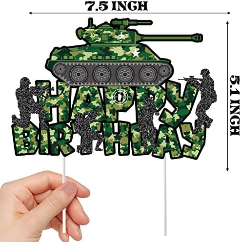 Camo Cake Topper Tank Birthday Cake Decoration Camouflage Happy Birthday Cake Decor for Army Soldier Military Theme Baby Shower Supplies