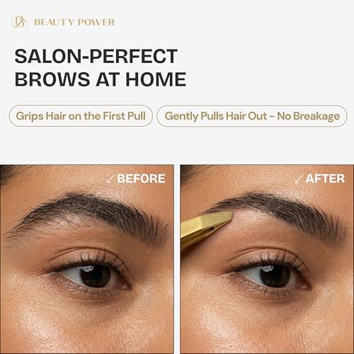 Beauty Power Professional Tweezers in Case - Slant, Durable Lightweight German Stainless Steel, Ultra Precision Tweezers for Eyebrows, Facial Hair, Chin, and Ingrown Hair Removal - Gift Idea - Gold