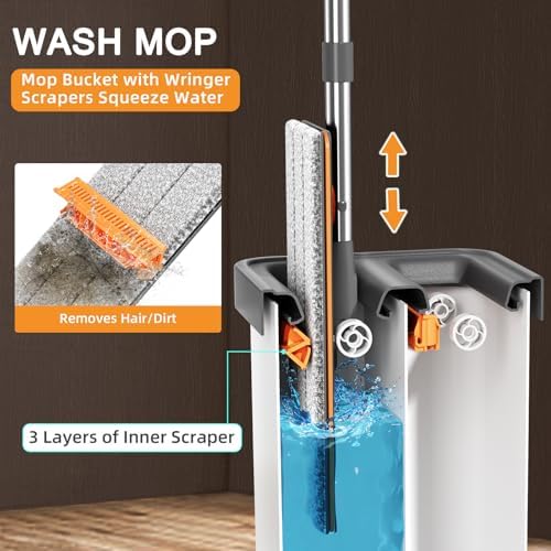 JUDRDO Mop and Bucket with Wringer Set for Home,61" Flat Mop and Bucket System for Floor Cleaning,Wet Dry Mop Window Wall Cleaner with Long Handle,Floor Mop with 4 Washable Microfiber Pads
