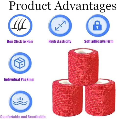3 Pack 2 Inches Self Adhesive Bandage Wrap Vet Wrap for Pets, Stretch Self Adherent Tape Cohesive Wrap for Athletic, Sports, Wrist and Ankle(Red)