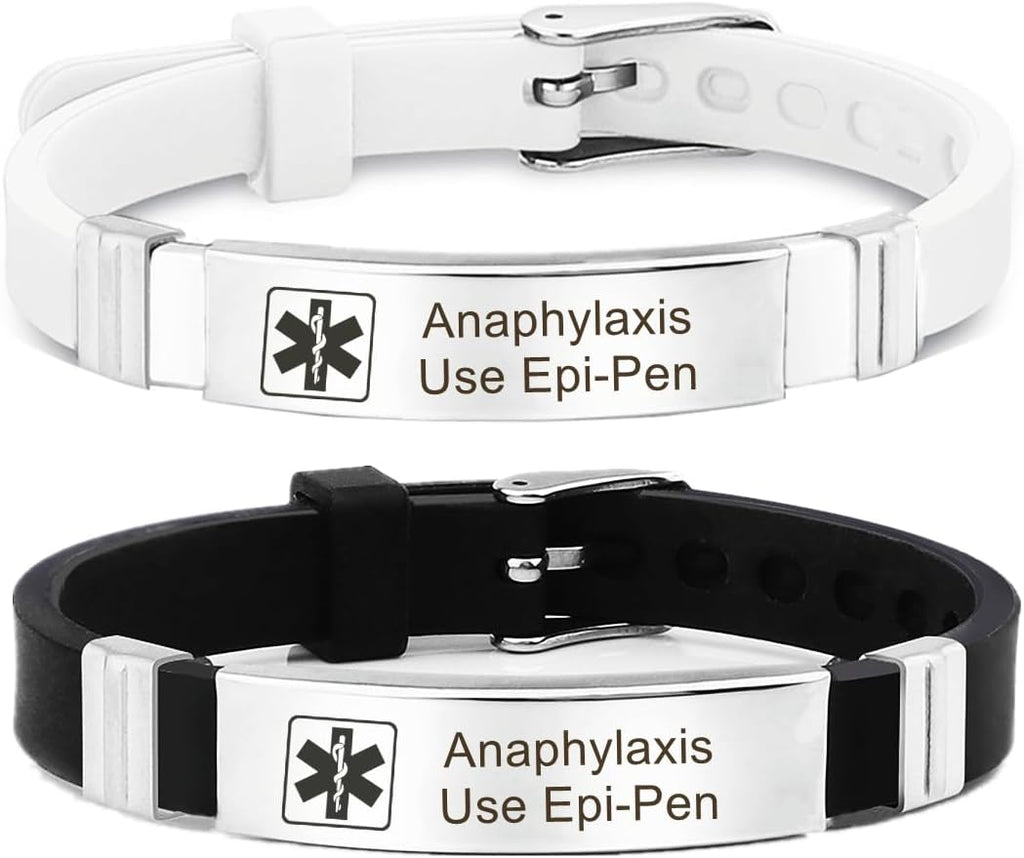 2Pcs Medical Alert ID Bracelets Anaphylaxis Use Epi-Pen- Silicone Adjustable Wristband Sos Emergency Identification Bracelet,ICE Health Alert Allergy Awareness Bracelet for Women Men