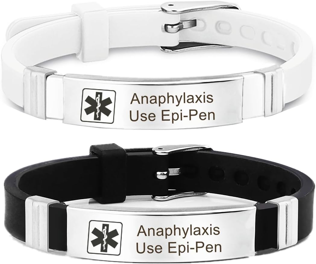 2Pcs Medical Alert ID Bracelets Anaphylaxis Use Epi-Pen- Silicone Adjustable Wristband Sos Emergency Identification Bracelet,ICE Health Alert Allergy Awareness Bracelet for Women Men