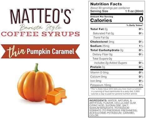 Matteo's Pumpkin Caramel Syrup for Coffee, Lattes, Cappuccinos & Desserts – Sugar-Free Sweetener for Beverages, Keto Friendly, Zero Calories, Indulgent Flavor, Non-Alcoholic, 33.8oz (1pk)