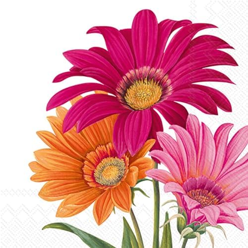 IHR Ideal Home Range Party Napkins Disposable 3-Ply Paper Lunch Napkin Pack, 6.5" x 6.5", Joyful Gerbera (White), 20-Count
