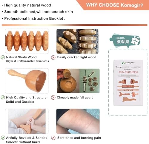 Komogir 3-in-1 Wood Therapy Massage Tools Lymphatic Drainage Massager Wooden Massager for Maderoterapia,Anti-Cellulite, Body Sculpting & Contouring