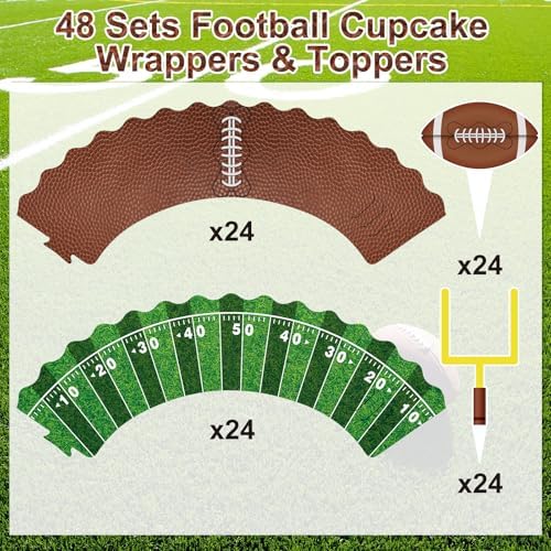 Nuenen 96 Pcs Football Cupcake Toppers and Wrappers Set Football Theme Cupcakes Decorations Sports Game Day Themed Cake Holders and Picks for Birthday Sport Party Decorations Supplies (Classic)