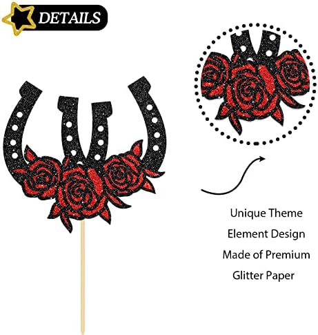 Horseshoe Birthday Cake Topper, Western Theme Cake Topper, Racing Horse, Western Wedding Party Cake Decorations Black Glitter