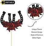 Horseshoe Birthday Cake Topper, Western Theme Cake Topper, Racing Horse, Western Wedding Party Cake Decorations Black Glitter