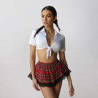 Women's Sexy Cosplay Costume Schoolgirl Lingerie Set, Adjustable Tie Crop Top and Red Plaid Mini Skirt with Thong