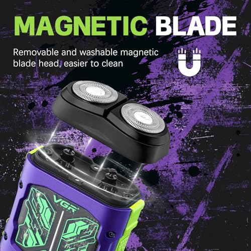 VGR 344 Mini Electric Shaver - USB Rechargeable Dual-Ring Rotary Razor, Portable IPX6 Wet/Dry Waterproof Face Shavers for Men, 8000 RPM Travel Electric Razor with Magnetic Cutter, Purple