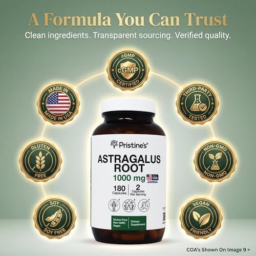 PRISTINE'S Astragalus Root Supplement Capsules - 1000mg 90 Day Supply- Immune Support Supplement Capsules - Herbal Adaptogen - Healthy Aging, Heart & Lung Health
