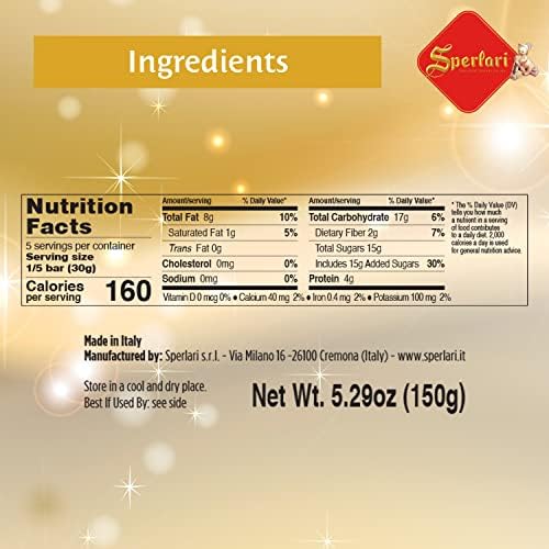 Sperlari Torrone Traditional Italian Candy - Gourmet Hard Nougat With Honey, Citrus & Crunchy Sliced Almonds - Holiday Italian Nougat Sweet Treat - Full Size Candy For Gifting - 5.29oz (150g) 1 Pack