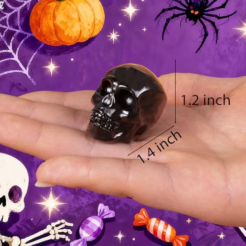 Black Obsidian Crystal Skull, 1.4 Inch Miniature Hand Carved Reiki Healing Pocket Stone, Small Collectible Skull Figurine for Altar Home Office Decor, Crystal Statue Meditation Gift for Men Women