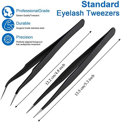 2 Pieces Straight and Curved Tip Tweezers Eyelash Extension Tweezers, Stainless Steel False Lash Application Tools (Black)