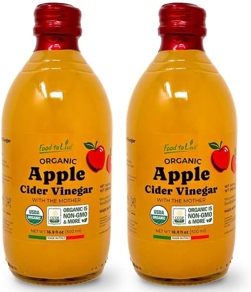 Food To Live Organic Apple Cider Vinegar, 500 ml – Raw Italian Natural Vinegar with the Mother, Unfiltered, Unpasteurized, Non-GMO, Vegan, Bulk, Glass Bottle (Pack of 2)