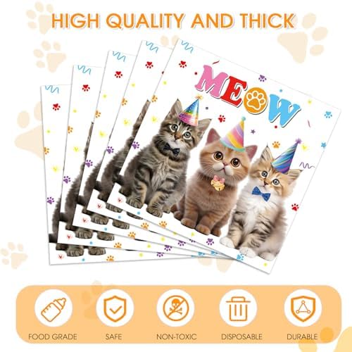 Cat Birthday Decorations, 40Pcs Cat Napkins 2-lay Disposable Paper Party Napkins for Baby Show Kids Birthday Pet Kitten Theme Birthday Party Supplies 6.5x6.5 inches