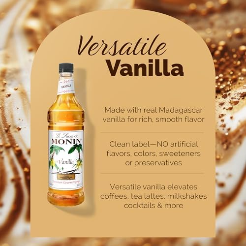 Monin - Vanilla Syrup | Pure & Rare Madagascar Vanilla, Premium Syrup for Coffee, Lattes & More | Clean Label, No Artificial Flavors, No Artificial Preservatives (BPA Free Bottle, 33.8 fl oz, 4-pack)