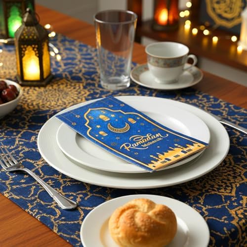 Eid Mubarak Napkins, 100 Pcs Eid Mubarak Ramadan Paper Napkins Disposable, 2-Ply Blue Gold Star Moon Absorbent Paper Hand Towels for Bathroom Home Kitchen Mardi Gras Party Decorations Supplies