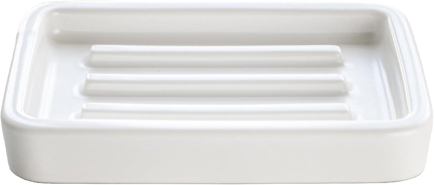 Matte Ceramic Soap Dish with Raised Ridges, Rectangle Bar Soap Holder for Bathroom Counter, Shower and Kitchen Sink, White