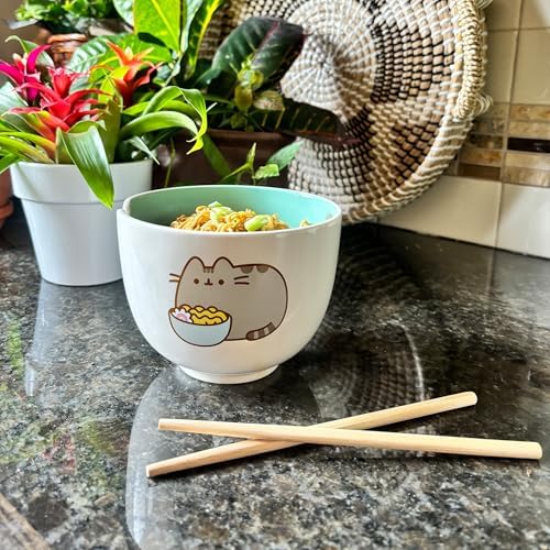 Enesco Pusheen the Cat Eating Ramen Bowl and Chopsticks Set, 3.94 Inch, Multicolor