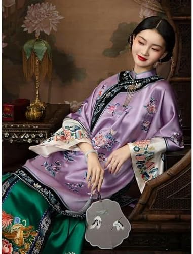 Qing Dynasty Purple Flower Printed Long Sleeve Cheongsam Top Chinese Traditional Ancient Loose Qipao Vestidos Mujer