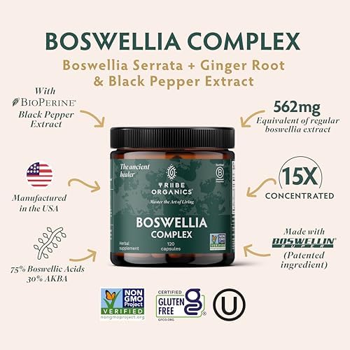TRIBE ORGANICS Boswellia Serrata Complex Supplement for Joint Support, Muscle Relief - Vegetarian Non-GMO 120 Capsules, High Potency - Boswellin Super with Ginger Extract & Black Pepper - 420mg